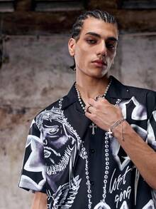 Camisa de hombre negra y blanca con estampados florales, cruciforme abstracto, rostro y pájaros - Negro - Ver 7