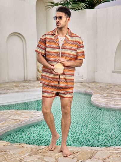Mercer Haus 男士度假波浪条纹印花短袖衬衫和短裤沙滩两件套，夏威夷风情，适合在夏威夷享受夏季热带假期。
