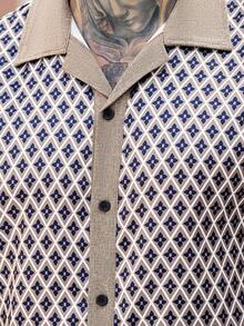 Manfinity Homme 男士休闲度假风印花短袖衬衫长裤套装，春夏秋季 - 卡其色 - 查看 3