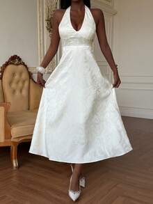 Livesso Women's Elegant Jacquard Backless Halter Dress, Summer - White - View 3