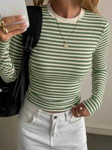女士绿色条纹修身圆领T恤，秋季图案T恤 - 綠色 - 查看 3