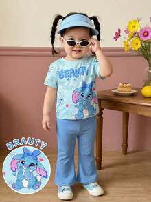 SHEIN 2件套婴幼儿男女通用可爱卡通蓝色兔子图案休闲宽松圆领短袖T恤和喇叭裤套装，夏季舒适，秋季可叠穿，时尚童装 - 淺藍色 - 查看 7