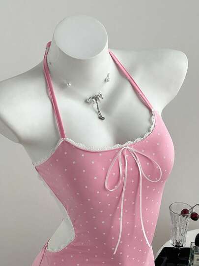 Elamini Đầm ngắn dệt kim chấm bi gợi cảm với dây đeo mảnh và ren phối hợp, thích hợp cho nữ mùa xuân, hè và thu.