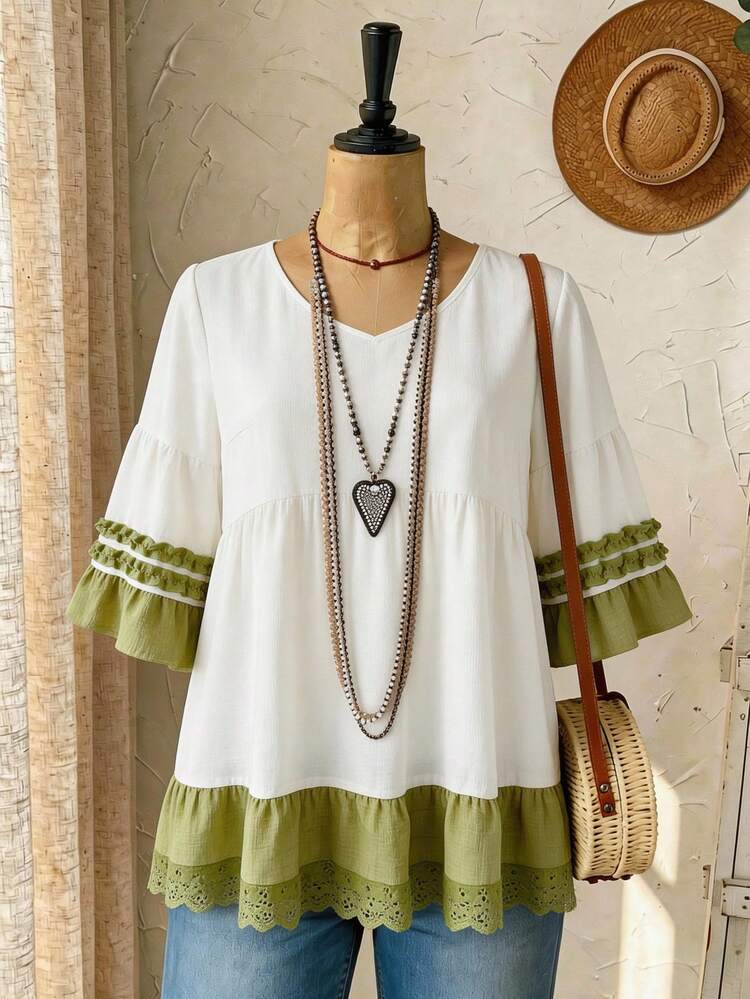 Plus Size Women Round Neck Color Block Pleated Casual Versatile Daily Wear Long Sleeve Shirt Boho Style Clothes Tunic Dresses For Women Boho Chic Women's Clothing Summer Outfits For Women Beach Outfit For Women Casual Vacation Outfits Women Country Concert Outfit Peplum
