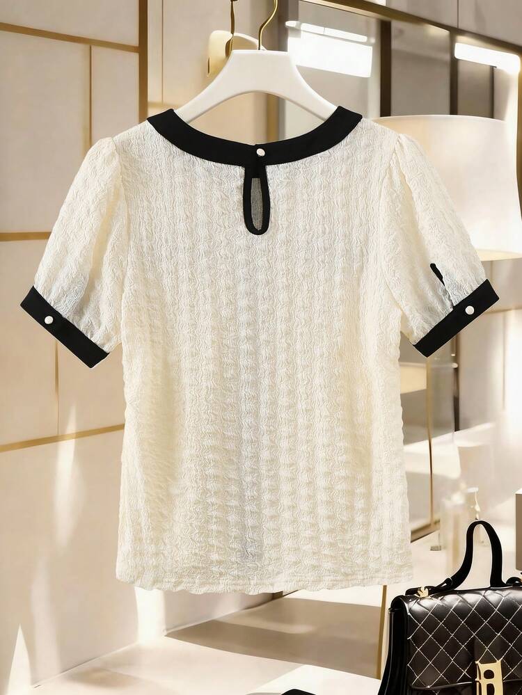 Women's Summer Contrast Color Collar Splice Round Neck Short Sleeve Textured Fabric Elegant Pullover T-Shirt