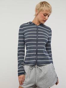 COUREZ 长袖拉链条纹连帽衫 / Y2K 春季女装可爱性感上衣，适合外出派对、锐舞派对等夏季穿着，修身条纹上衣，针织衫，夏季条纹上衣 - 藍色 - 查看 6