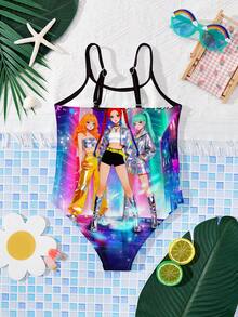 Cartoon Girl Portrait Casual Minimalist Design,Vibrant Colors,K-Pop Superstars,Group Swimsuit Print Pattern,One-Piece Suitable For Summer - Multicolor - View 2