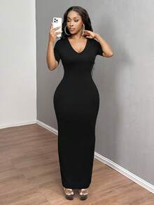 SHEIN PETITE CURVE 大码休闲纯色修身短袖针织连衣裙 - 黑色 - 查看 4