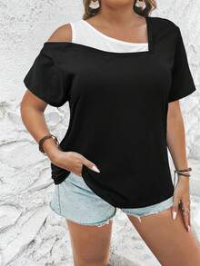EMERY ROSE Plus Size Summer Casual Colorblock Asymmetric Collar T-Shirt - Black - View 6