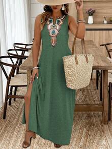 SHEIN 大码女式V领休闲印花无袖侧开衩长连衣裙，夏季 - 墨綠色 - 查看 3