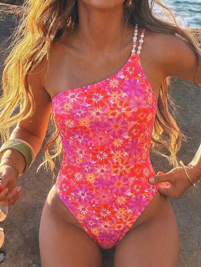 Swim Mod Provence-Stil Vintage Lässig Urlaubskleid für Frauen mit vollständigem Blumenmuster und Perlenträgern