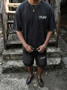 PAVTROS Men's Casual Letter Print Ombre T-Shirt And Shorts Set, Summer - Black - View 1