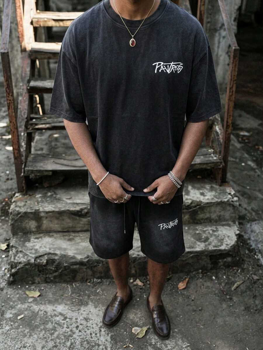 PAVTROS Men's Casual Letter Print Ombre T-Shirt And Shorts Set, Summer - Black - View 1