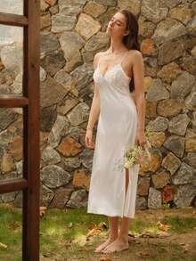 刺绣网眼边饰开叉大腿缎面吊带睡衣长款睡裙 Luxeloungewear - 白色 - 查看 12