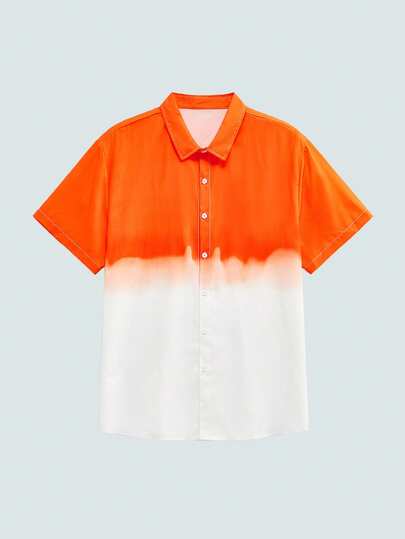 Modcrash 男士休闲渐变印花 Polo 领纽扣短袖衬衫，百搭设计，适合休闲穿着和通勤，男士 Trachten 衬衫