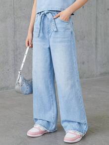 Conjunto informal de mezclilla para niñas preadolescentes, nueva moda minimalista y cómoda de mezclilla lavada en azul claro - Azul - Ver 4