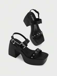 Sugerpunk Giày sandal nữ đế dày kiểu punk mới, mũi vuông, đính đinh tán, kiểu retro, đế phồng, thích hợp cho mùa hè. - màu đen - Xem 5