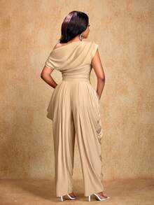 Brilight 女士优雅杏色不对称领口褶皱口袋结构松紧腰哈伦连体裤，垂褶细节高腰连体裤 - 卡其色 - 查看 2