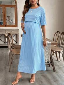 SHEIN Đầm cho bà bầu kẻ sọc tối giản cổ tròn tay ngắn cho con bú - Màu xanh nhạt - Xem 3