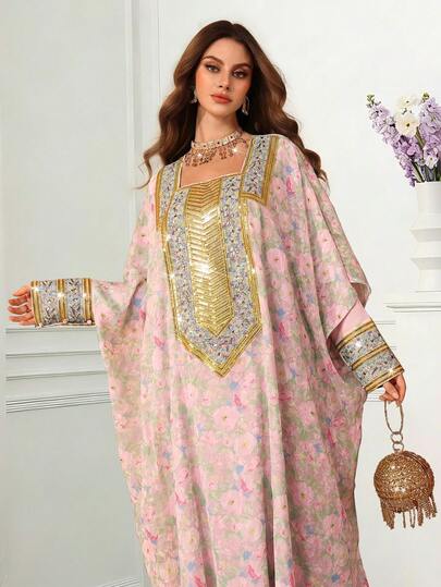 Al Najma Đầm thêu cổ vuông lãng mạn, thanh lịch dành cho mùa xuân/hè.