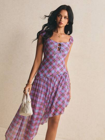 Poéselle Square Neck Plaid Tie-Up Asymmetric Ruffle Hem Dresses Womens Plaid Dress Zanea Dress For Woman Picnic Dresses For Women Plaid Dress For Women Ladies Plaid Dress