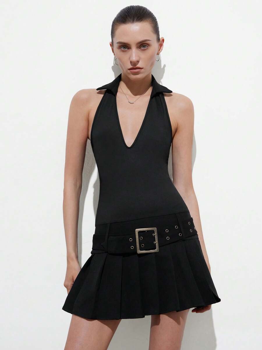 Aveloria Modichic Women Chic Black Summer Sleeveless Halter Dress,Deep V-Neck Lapel Tight Fit Short Pleated Skirt With Belt,Club Sporty Fashionable Versatile Mini Dress - Black - View 1