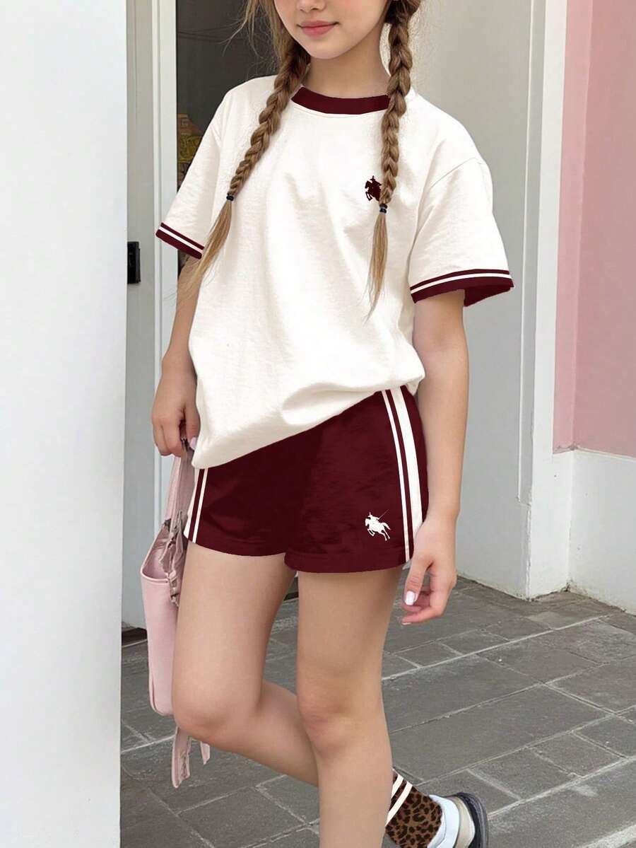 少女撞色滚边短袖T恤和侧条纹印花短裤休闲套装，儿童少女夏季校园女童装套装，女童校服，女童服装 - 彩色 - 查看 1
