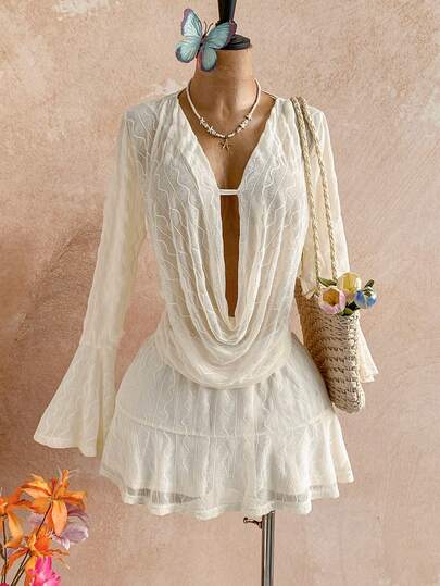 Soleia Đầm ngắn tay dài cổ vuông tối giản màu trơn dành cho nữ