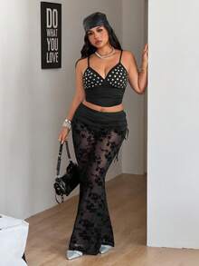 Coolane Pantalones negros de pierna acampanada con ajuste ceñido, estilo vintage, con cordón lateral, para mujer de talla grande, para primavera/verano - Negro - Ver 6