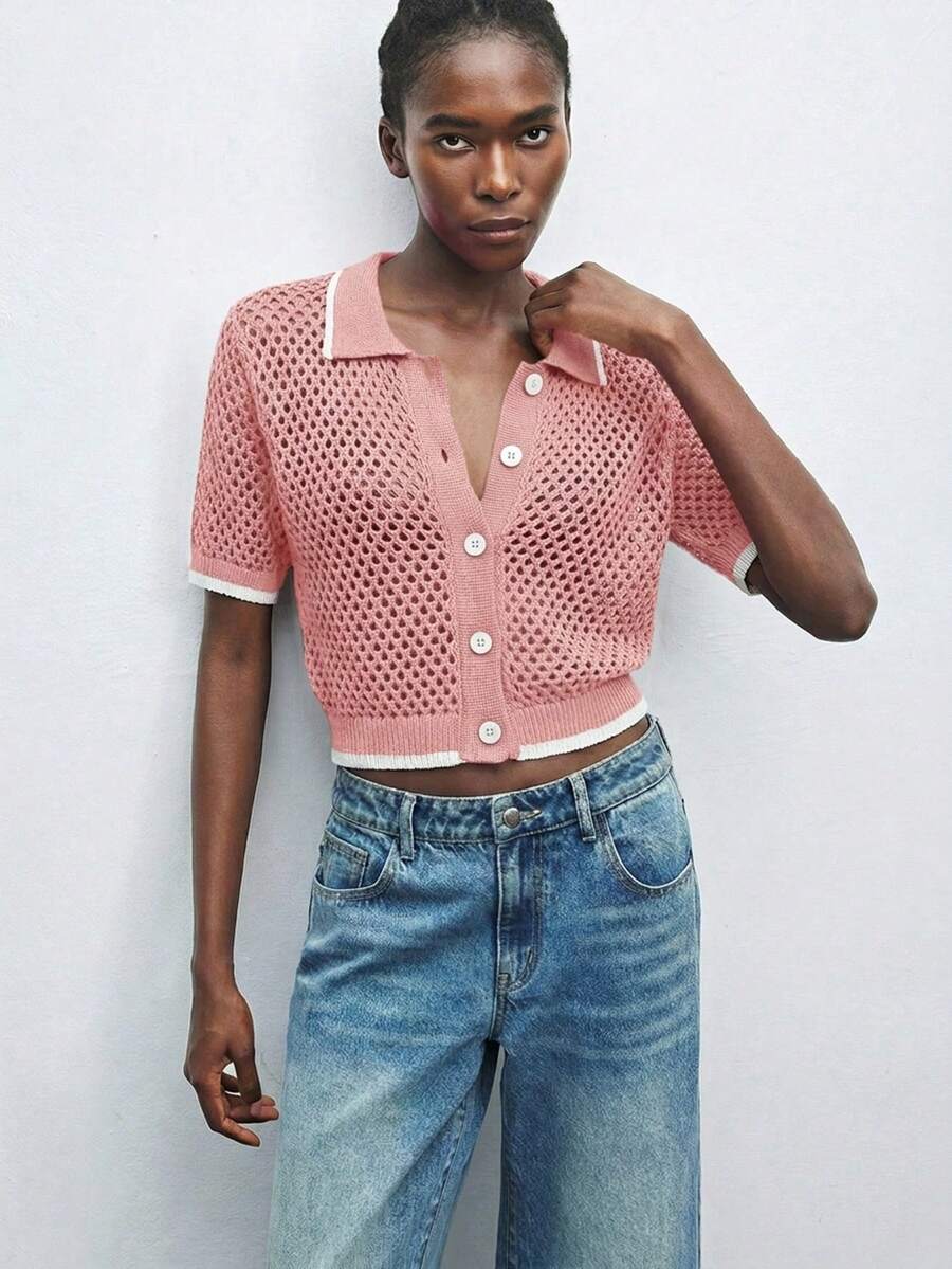 Maija Áo khoác cardigan dệt kim dáng rộng, vai rớt, khoét lỗ, phong cách thường ngày dành cho nữ, mùa hè. - Hồng - Xem 1