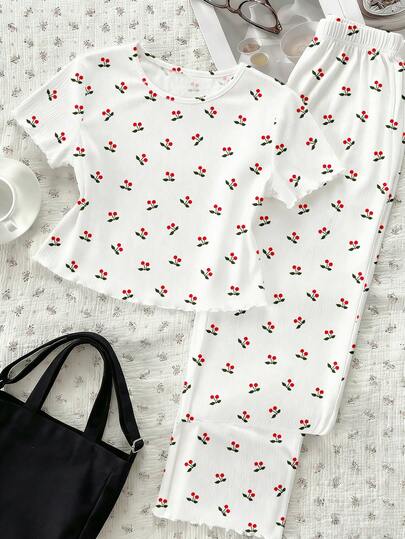 2-Piece Girls' Pajama Set: Cherry-Print Crew-Neck Short-Sleeve Top Paired With Soft, Comfortable Ribbed Pants (With Ruffled Hems) Featuring A Cute Cherry Pattern / Spring, Holidays/Summer, Y2K, Holidays/Back-To-School Outfits/First Day Of School Outfits 100% Cotton Pajama Set Two-Piece Pajama Set Printed Pajama Set Two-Piece Pajama Set Women's Two-Piece Set