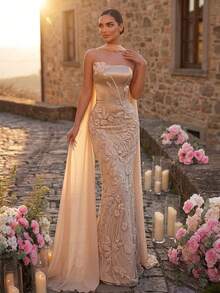 Glamrae Elegante y lujoso vestido largo de sirena con hombro descubierto, bordado con encaje y perlas, adecuado para bodas, fiestas, vacaciones, bailes y ocasiones formales (resistente) - Albaricoque - Ver 1