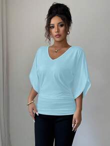 Elenzga Áo thun cổ chữ V tay cánh dơi màu trơn mùa hè kiểu dáng thường ngày - Màu xanh nhạt - Xem 4