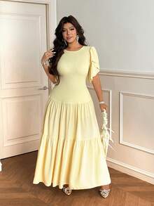 Vionelle Plus Size Spring/Summer Yellow Waist Slimming Ruffle Sleeve Layered Ruffle Hem Vacation Style Dress, Suitable For Daily Gatherings, Romantic Dates, Urban Outings, Travel Outings, Minimalist Fashionable Elegant Plus Size Women's Clothing - Light Yellow - View 4