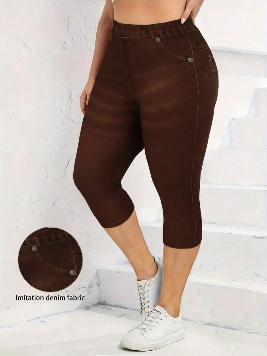 EMERY ROSE 大码女式休闲日常通勤百搭撞色缝线修身七分裤 - 棕色 - 查看 1