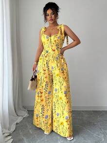 Elenzga Plus Size Women's Spaghetti Strap Backless Design + High Waist Wide Leg Pants 2 Pieces Set - Yellow - View 4