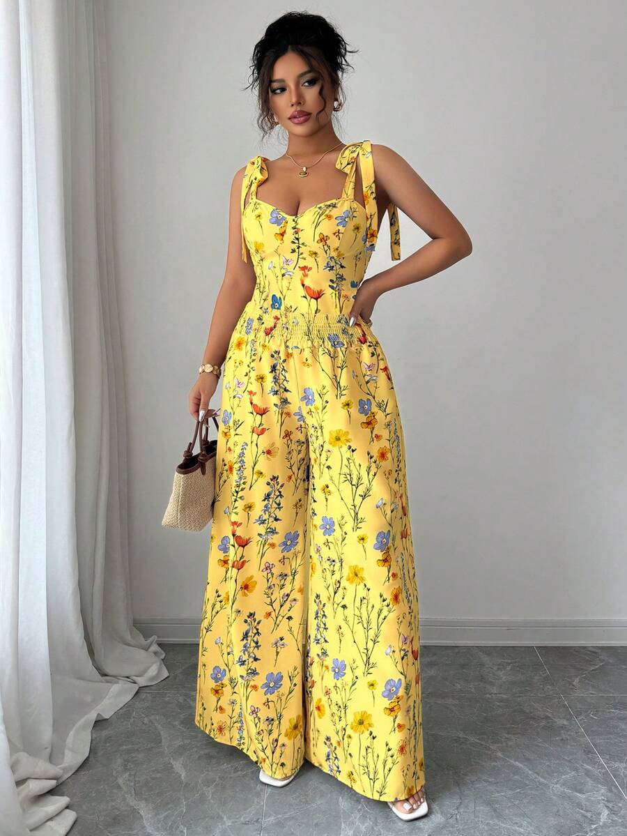 Elenzga Conjunto de 2 piezas de mujer talla grande con diseño de tirantes finos y espalda descubierta + pantalones de pierna ancha y cintura alta - Amarillo - Ver 1