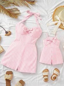 Bộ áo liền quần họa tiết kẻ caro dễ thương cho mẹ và bé, có nơ, thích hợp cho mùa hè. - Hồng - Xem 8
