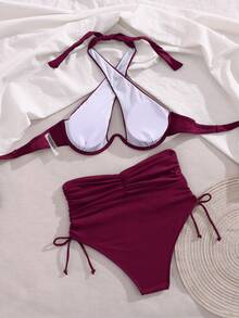 Swim SXY Bộ bikini hai mảnh cổ yếm màu trơn dành cho nữ, có gọng nâng ngực, thích hợp cho kỳ nghỉ hè. - Màu đỏ tím - Xem 2