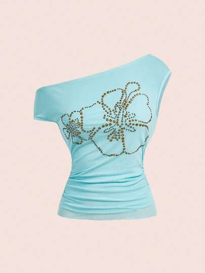 ROMWE Y2K风格芙蓉花铆钉亮片装饰女士修身不对称肩部上衣