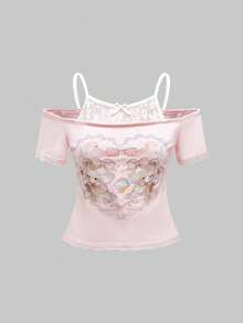 ROMWE Kawaii Áo thun nữ Himekaji 2 trong 1 ren tương phản phong cách dễ thương hình trái tim gấu và nơ ren, trường học - Nhiều màu - Xem 1