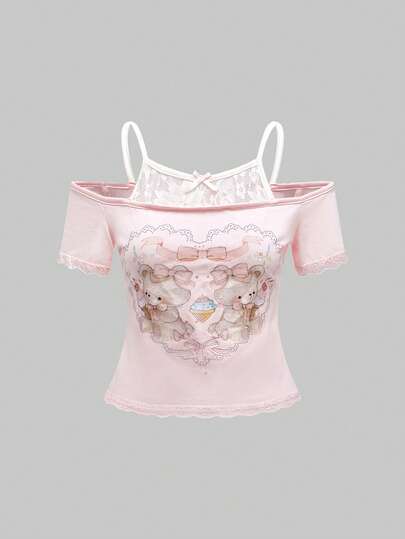 ROMWE Kawaii Women's Himekaji 2 In 1 Contrast Lace Cute Style Heart Bear & Lace Bow T-Shirt, School