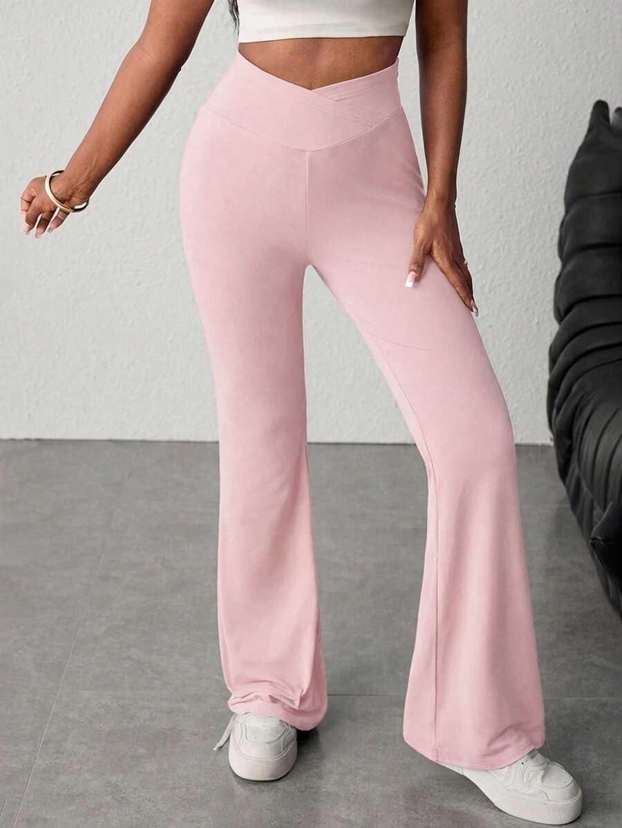 SHEIN Teenager Mädchen solide rosa Hose mit hoher Taille und Weitung, geeignet für Zuhause, Lässig, Outdoor Sport - Pink - Übersicht 1