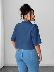 Elenzga Women's Pleated Bow Front Short Elegant Blouse - Blue - View 2