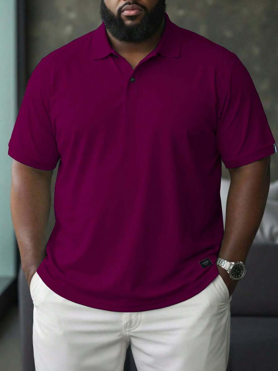 Manfinity Homme 加大码男士短袖休闲通勤 Polo 衫 男士酒红色 Polo 衫 男士翻领 - 中紫紅色 - 查看 1