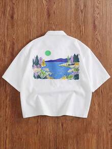 TOKVUE Áo sơ mi nam tay ngắn kiểu dáng thường ngày, in họa tiết phong cảnh, cài một hàng cúc. - trắng - Xem 1