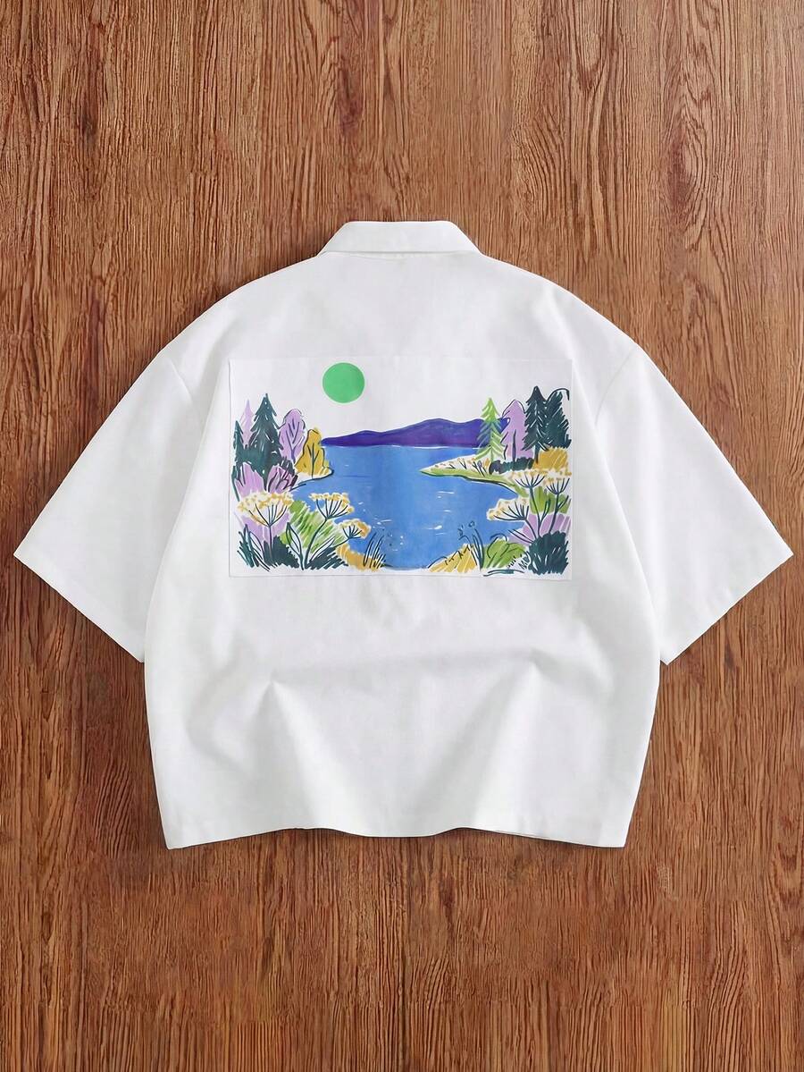 TOKVUE Áo sơ mi nam tay ngắn kiểu dáng thường ngày, in họa tiết phong cảnh, cài một hàng cúc. - trắng - Xem 1