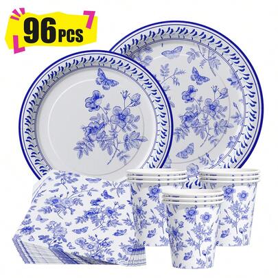 White Background Blue And White Porcelain Disposable Plates, Napkins And Cups, Party Supplies Set, Serves 24 People, Disposable Paper Party Tableware, Suitable For Birthdays, Weddings, Theme Parties, Family Picnics.