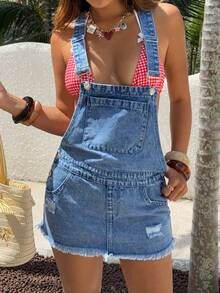 Rivivi 女士休闲百搭日常水洗牛仔背带裙 - 中等水洗藍 - 查看 6