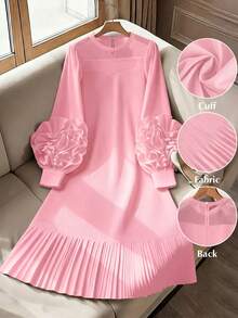 GlowEve CURVE Vestido de manga larga con pliegues y flores 3D de unicolor talla grande - Rosa - Ver 1